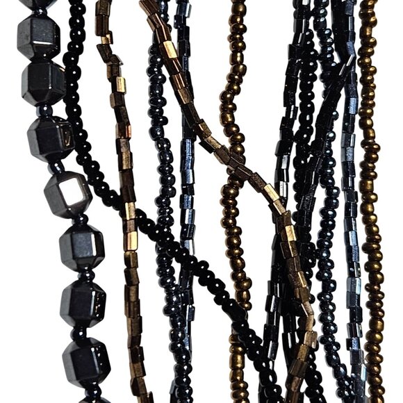Elegant Multi Strand Black Gold Seed Beaded Chunky Necklace Classic Jewelry - Picture 3 of 6